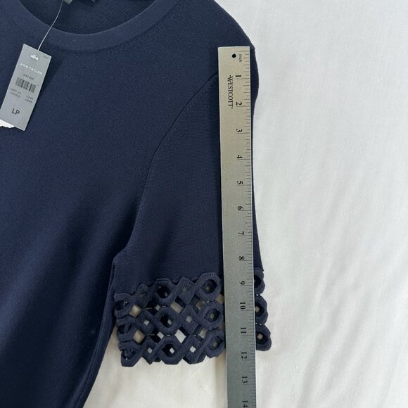 Ann Taylor Top and Skirt Set Womens LP Laser Cut Trim Stretchy Knitted Navy Blue - Picture 7 of 16